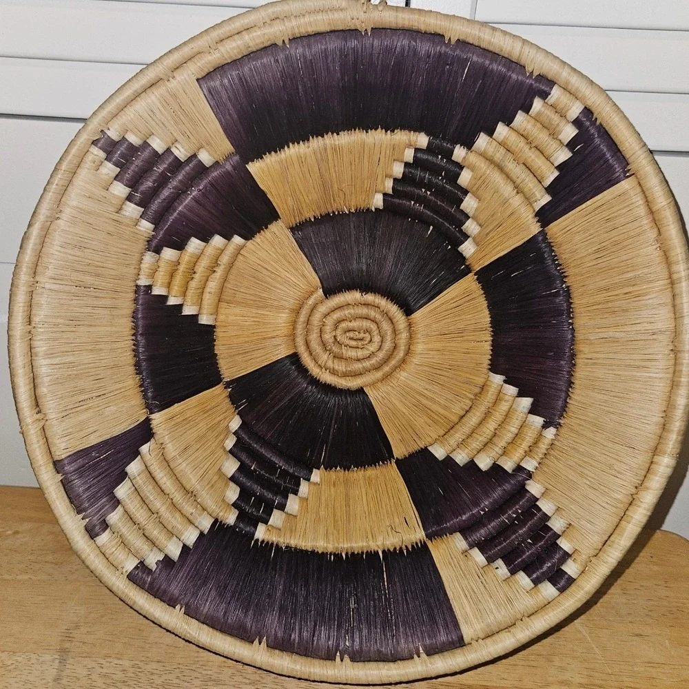 Handmade Ugandan Woven Wall Baskets Set of 2 Purple Orange Tan Geometric Decor